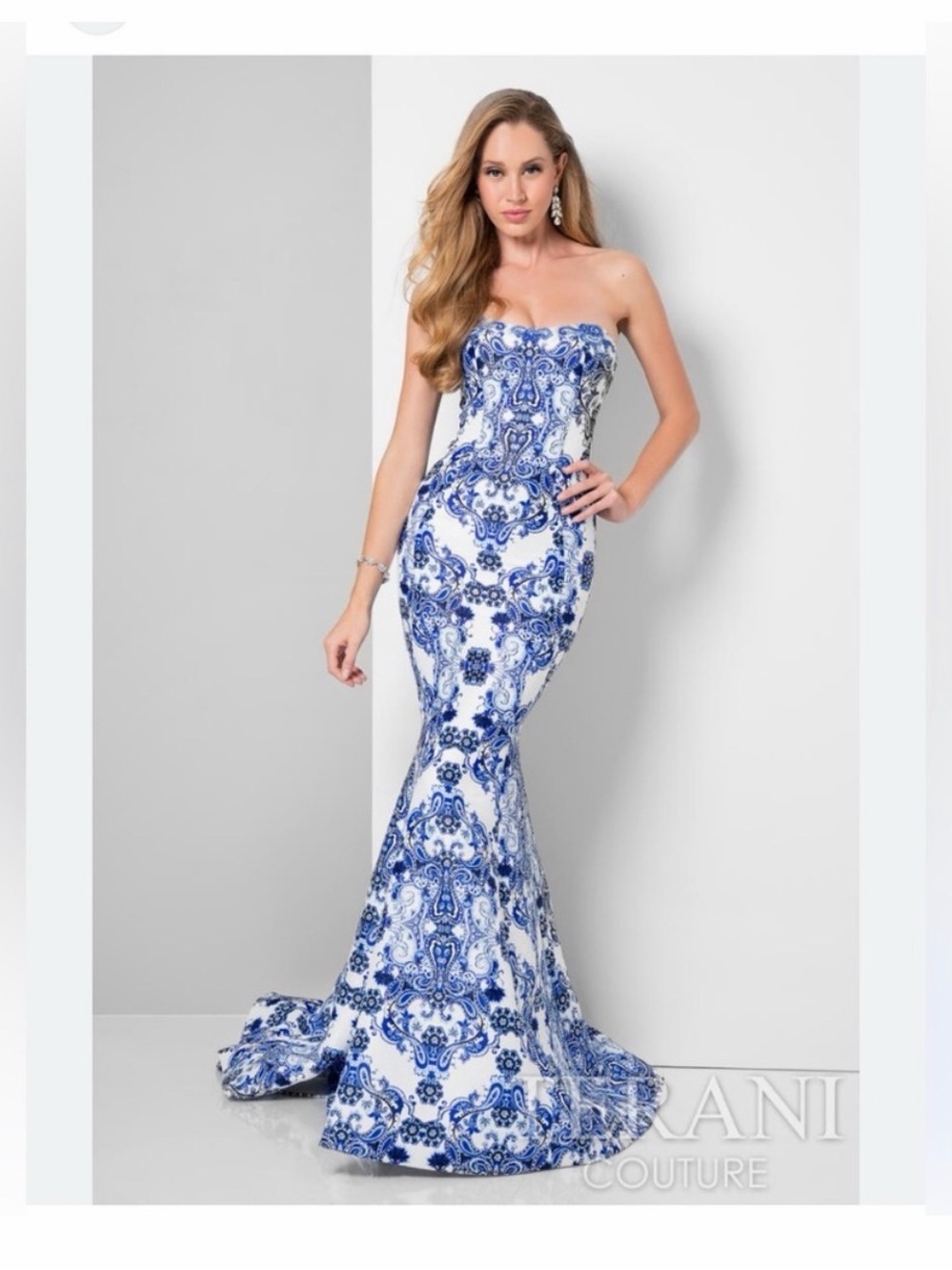 Terani Couture Strapless Blue and White Printed Gown intricate beading details